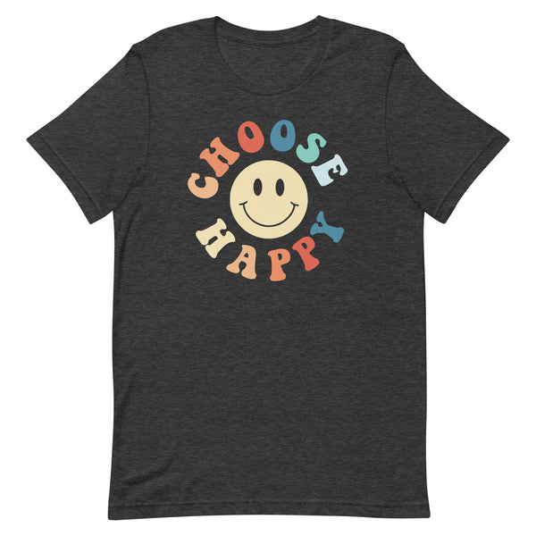 Choose Happy long torso graphic t-shirt in Dark Grey Heather.