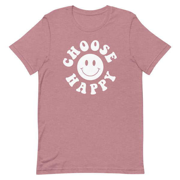 Choose Happy long torso graphic t-shirt in Orchid Heather.