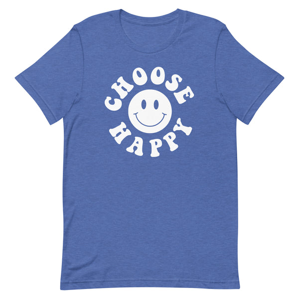 Choose Happy long torso graphic t-shirt in True Royal Heather.