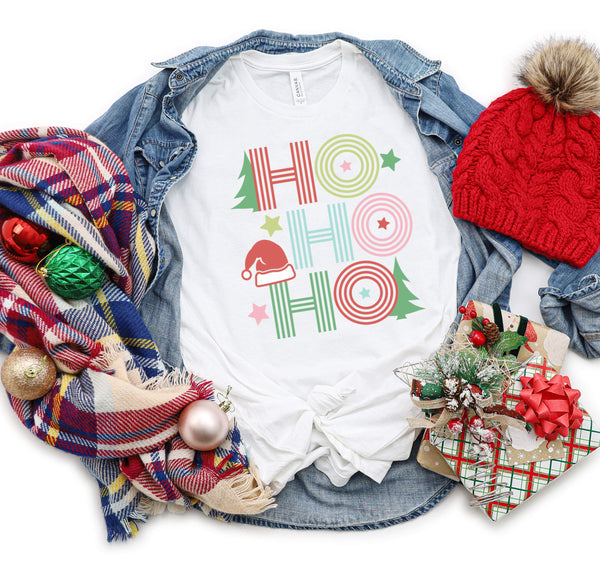 Playful, holiday-themed Ho Ho Ho Christmas t-shirt for kids.