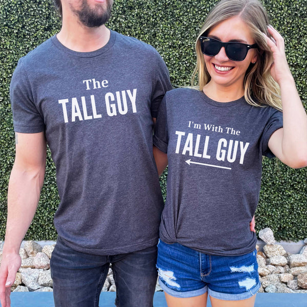 Funny matching shirts for couples who are tall.