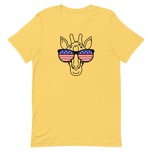 Patriotic Giraffe T-Shirt for tall people in Yellow.