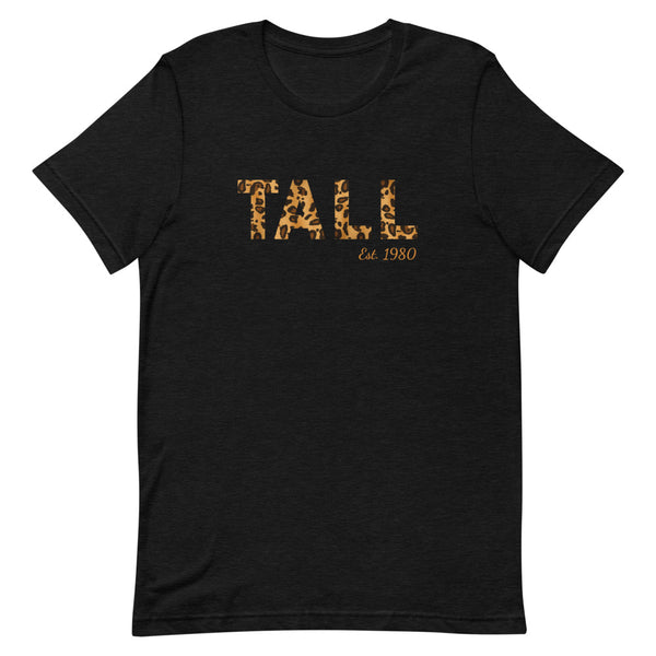 "Tall Est. Custom Year" leopard print t-shirt in Black Heather.