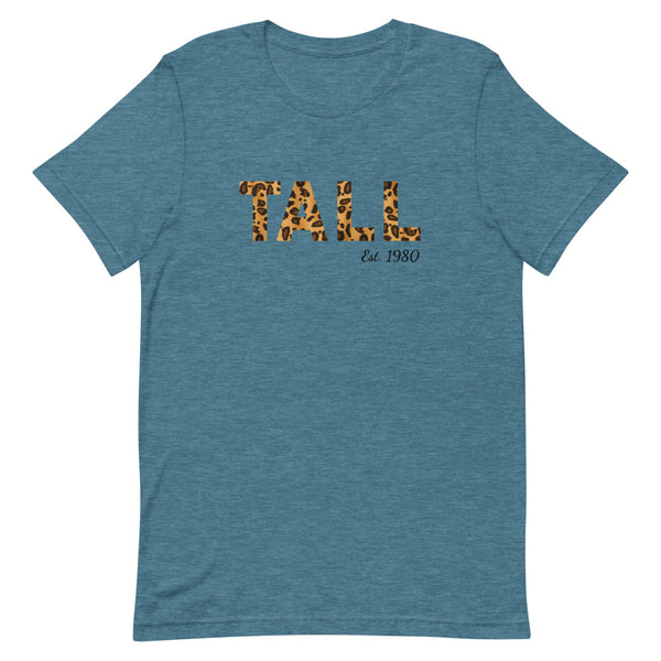 "Tall Est. Custom Year" leopard print t-shirt in Deep Teal Heather.