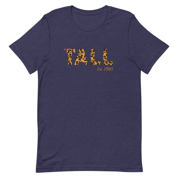 "Tall Est. Custom Year" leopard print t-shirt in Midnight Navy Heather.