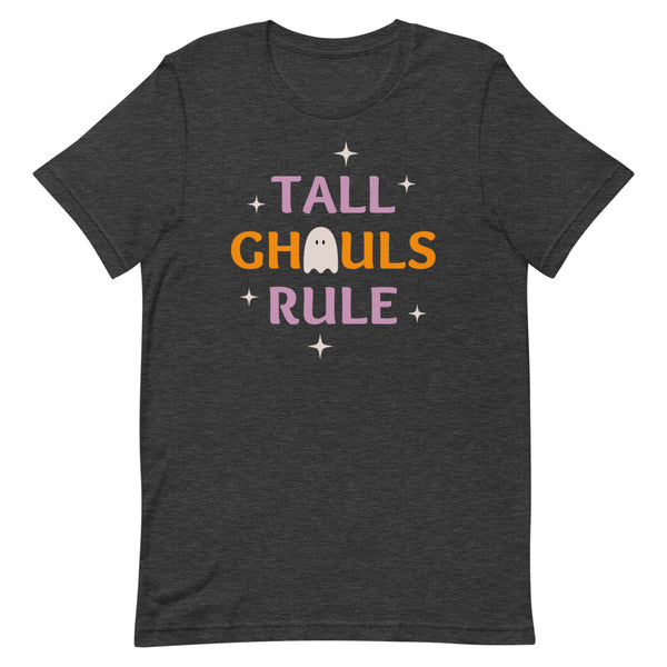 Tall Ghouls Rule Halloween graphic tee in Dark Grey Heather.
