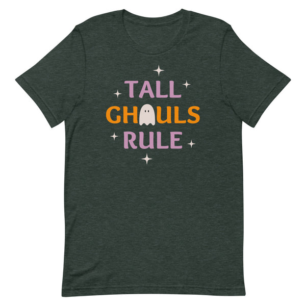 Tall Ghouls Rule Halloween graphic tee in Forest Heather.