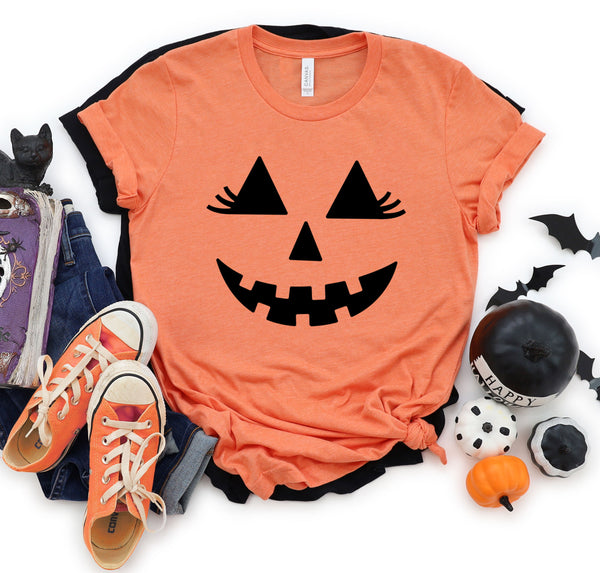 Jack-o-lantern Halloween shirt for tall women.
