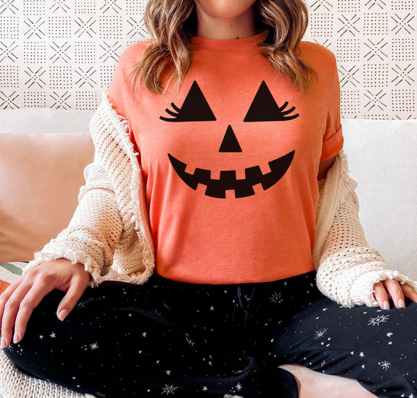 Tall women's girlie jack-o-lantern Halloween shirt.