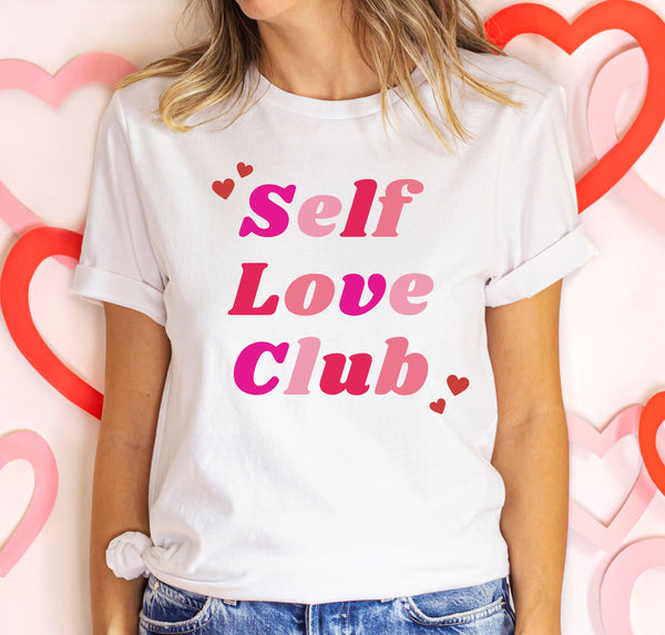Tall women's t-shirt with a colorful "Self Love Club" design.
