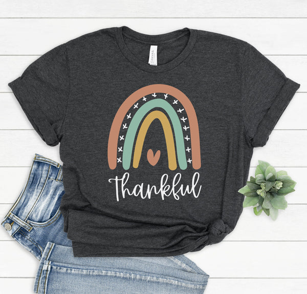 Girls youth graphic t-shirt for fall with a cute rainbow doodle and the word "Thankful" on the front.