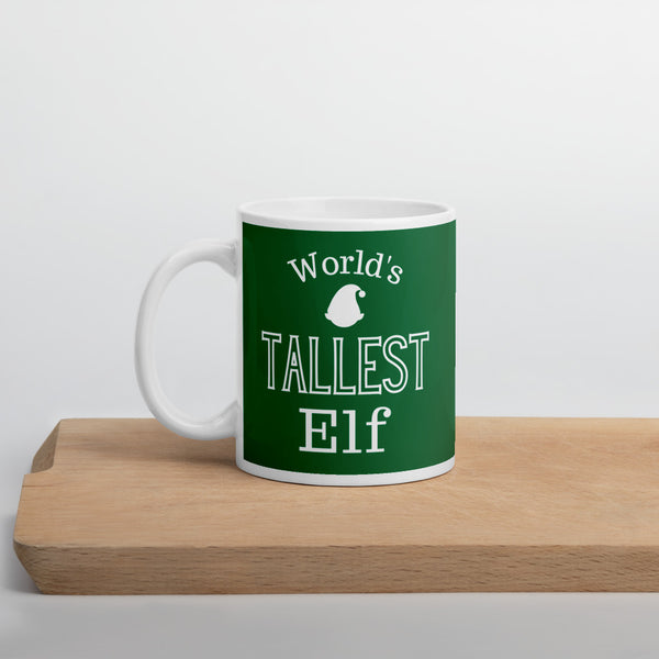 World's Tallest Elf funny Christmas coffee mug in 11 ounces.