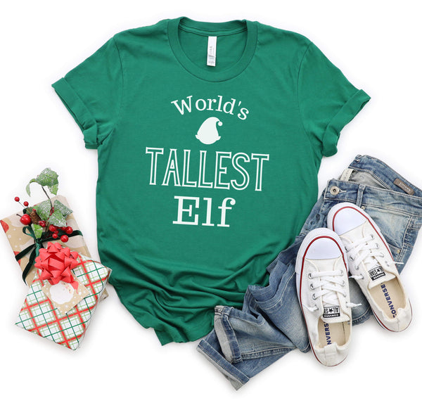 Funny Christmas t-shirt for tall people that says "World's Tallest Elf".
