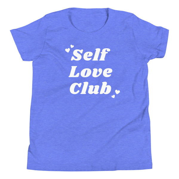 Youth girls Self Love Club T-Shirt for Valentine's Day in Columbia Blue Heather.