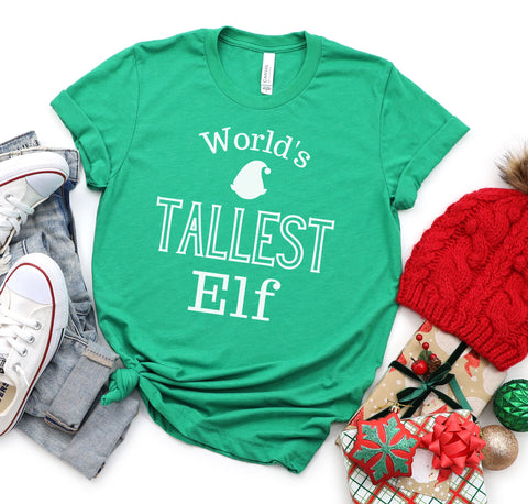 Funny Christmas t-shirt for tall people that says "World's Tallest Elf".