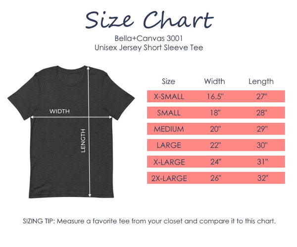 Size Chart for Bella+Canvas unisex short sleeve tee-shirt.