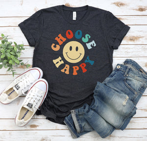 Long torso graphic tee for tall women and men with a "Choose Happy" design.