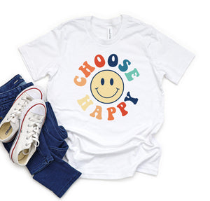 Youth motivational t-shirt with a Choose Happy smiley face design.