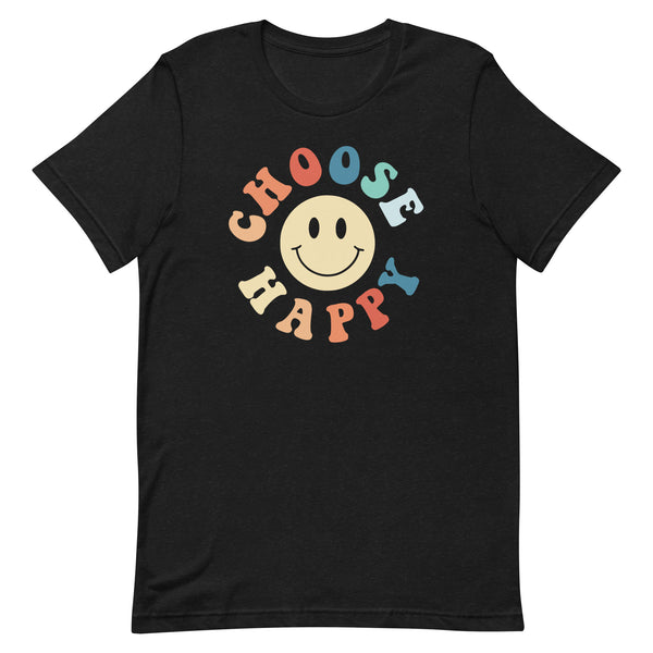 Choose Happy long torso graphic t-shirt in Black Heather.