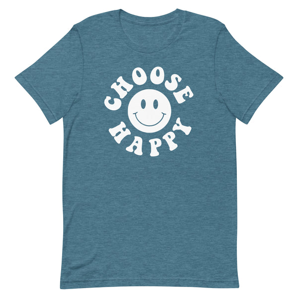 Choose Happy long torso graphic t-shirt in Deep Teal Heather.
