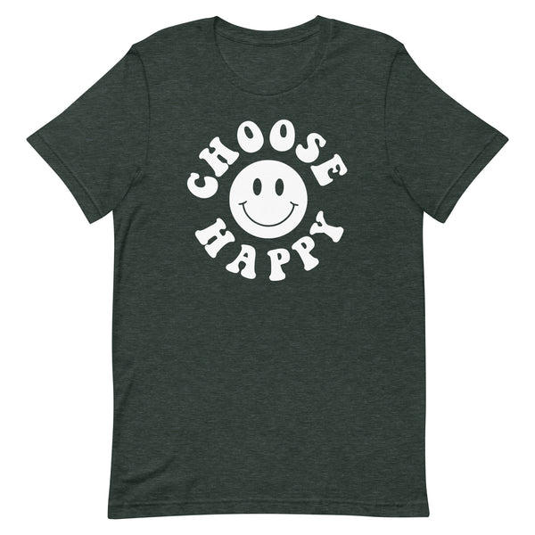 Choose Happy long torso graphic t-shirt in Forest Heather.