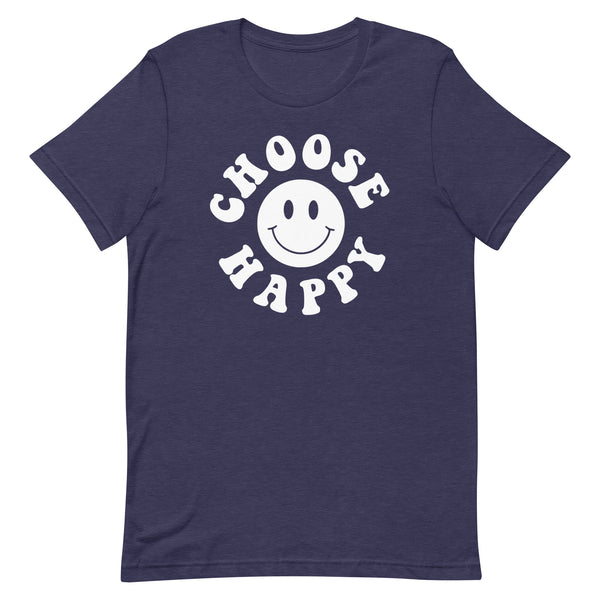 Choose Happy long torso graphic t-shirt in Midnight Navy Heather.