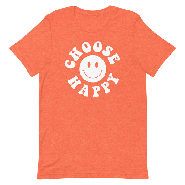 Choose Happy long torso graphic t-shirt in Orange Heather.