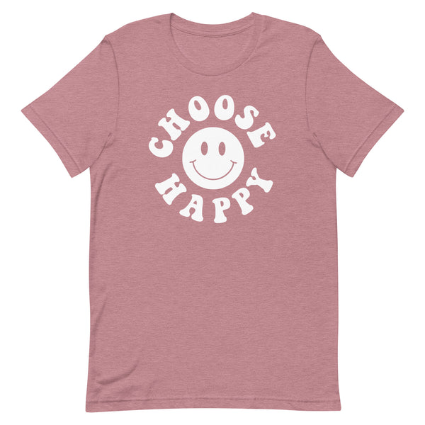 Choose Happy long torso graphic t-shirt in Orchid Heather.