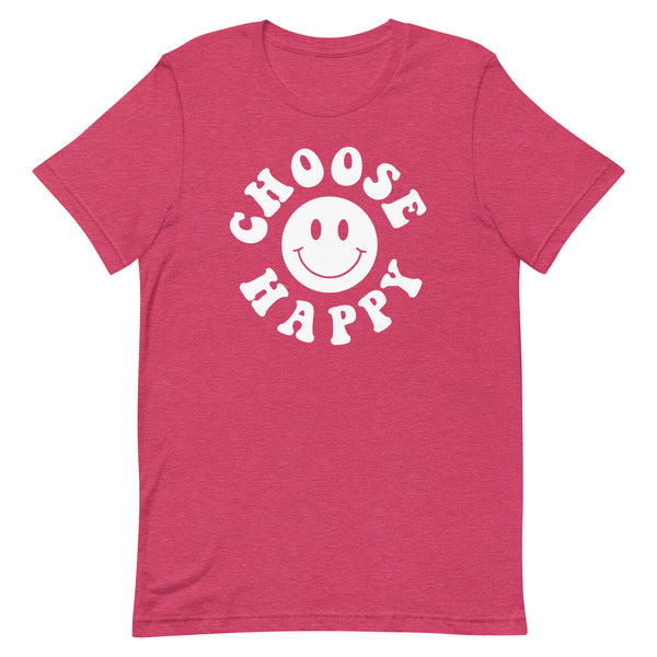 Choose Happy long torso graphic t-shirt in Raspberry Heather.
