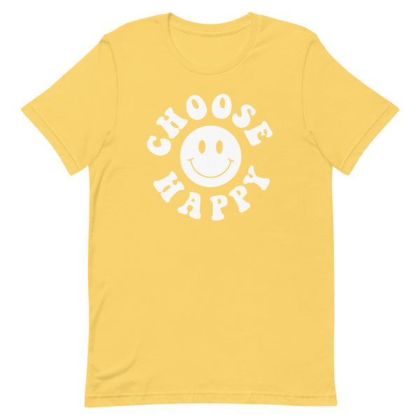 Choose Happy long torso graphic t-shirt in Yellow.
