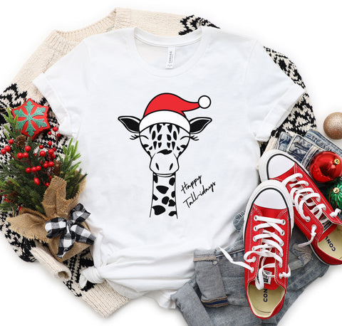 Funny Christmas t-shirt for tall people with a giraffe wearing a Santa Hat.