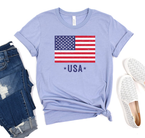 Patriotic Fourth of July USA flag t-shirt for tall women and men.