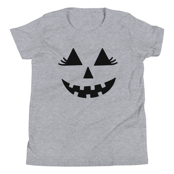 Girlie Jack-O-Lantern youth t-shirt for Halloween in Athletic Grey Heather.