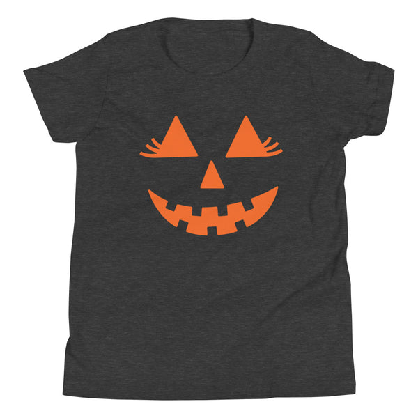 Girlie Jack-O-Lantern youth t-shirt for Halloween in Dark Grey Heather.