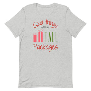 Good Things Come In Tall Packages women's Christmas T-Shirt in Athletic Grey Heather.