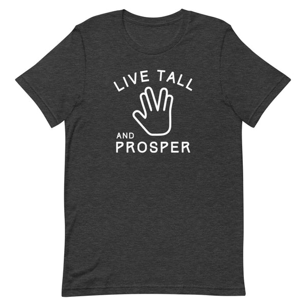 Live Tall and Prosper Star Trek t-shirt in Dark Grey Heather.