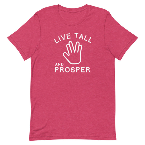 Live Tall and Prosper Star Trek t-shirt in Raspberry Heather.