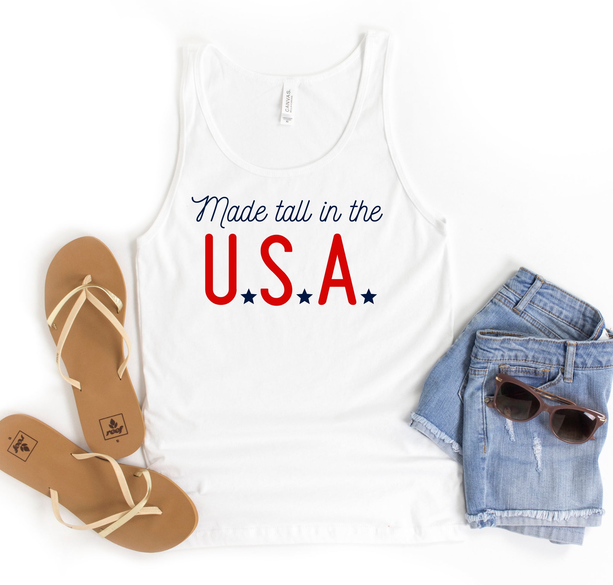 Made Tall in the USA patriotic tank top for tall women and men.