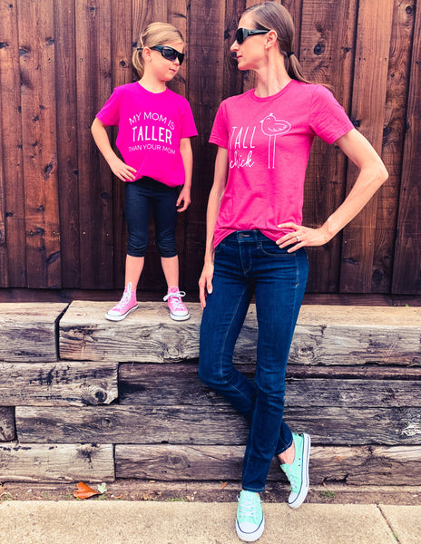 "My Mom Is Taller Than Your Mom" graphic tee for children.