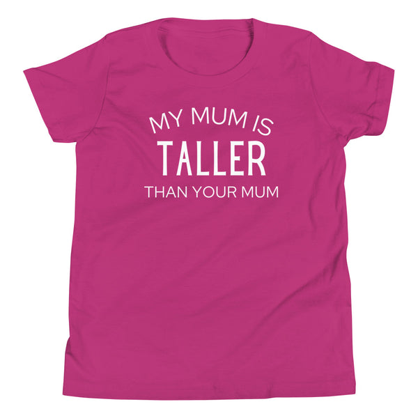 "My Mum Is Taller Than Your Mum" kids graphic t-shirt in Berry.