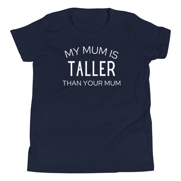 "My Mum Is Taller Than Your Mum" kids graphic t-shirt in Navy.