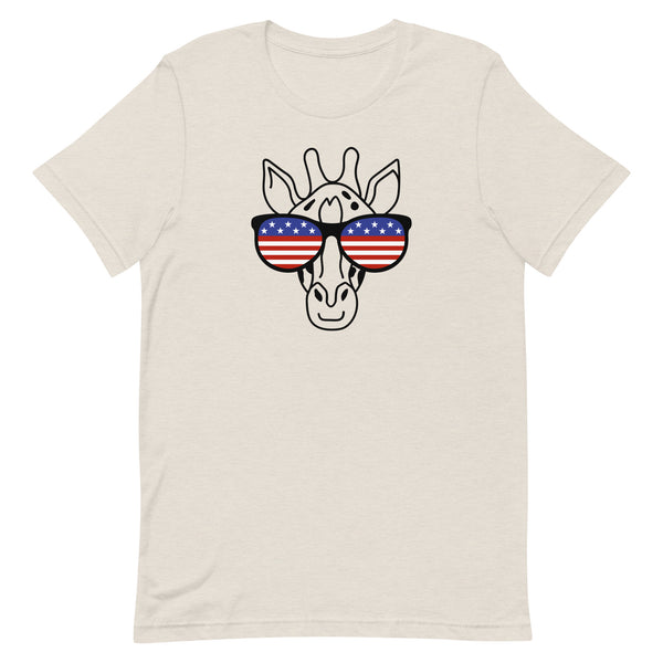 Patriotic Giraffe T-Shirt for tall people in Dust Heather.