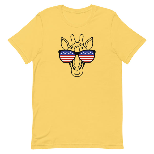 Patriotic Giraffe T-Shirt for tall people in Yellow.
