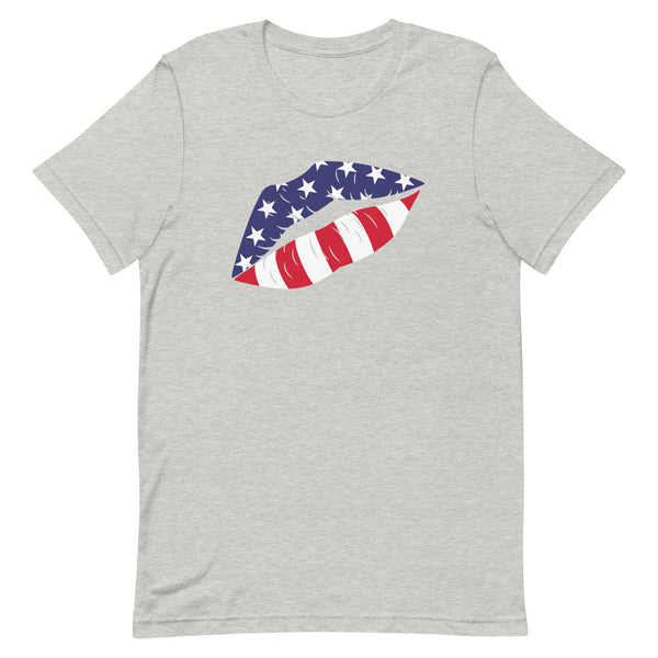 Patriotic Lips Kiss T-Shirt in Athletic Grey Heather.