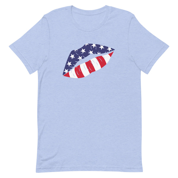 Patriotic Lips Kiss T-Shirt in Blue Heather.