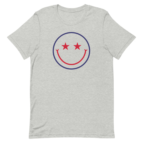 Patriotic Star Eyes Smiley Face T-Shirt in Athletic Grey Heather.