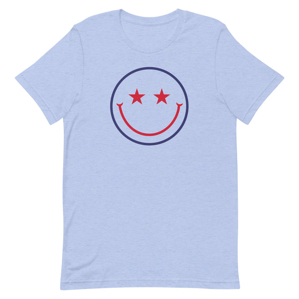 Patriotic Star Eyes Smiley Face T-Shirt in Blue Heather.
