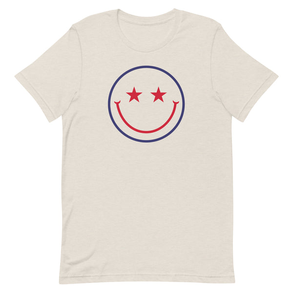 Patriotic Star Eyes Smiley Face T-Shirt in Dust Heather.