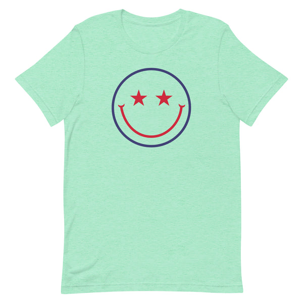 Patriotic Star Eyes Smiley Face T-Shirt in Mint Heather.