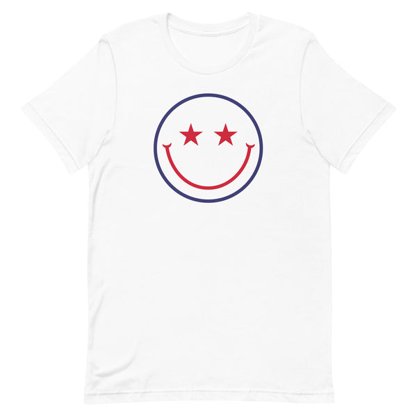 Patriotic Star Eyes Smiley Face T-Shirt in White.